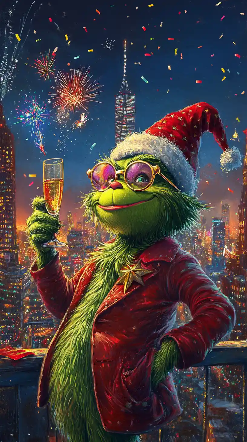 Créature verte façon Grinch faisant la fête au‑dessus des feux d’artifice de la ville