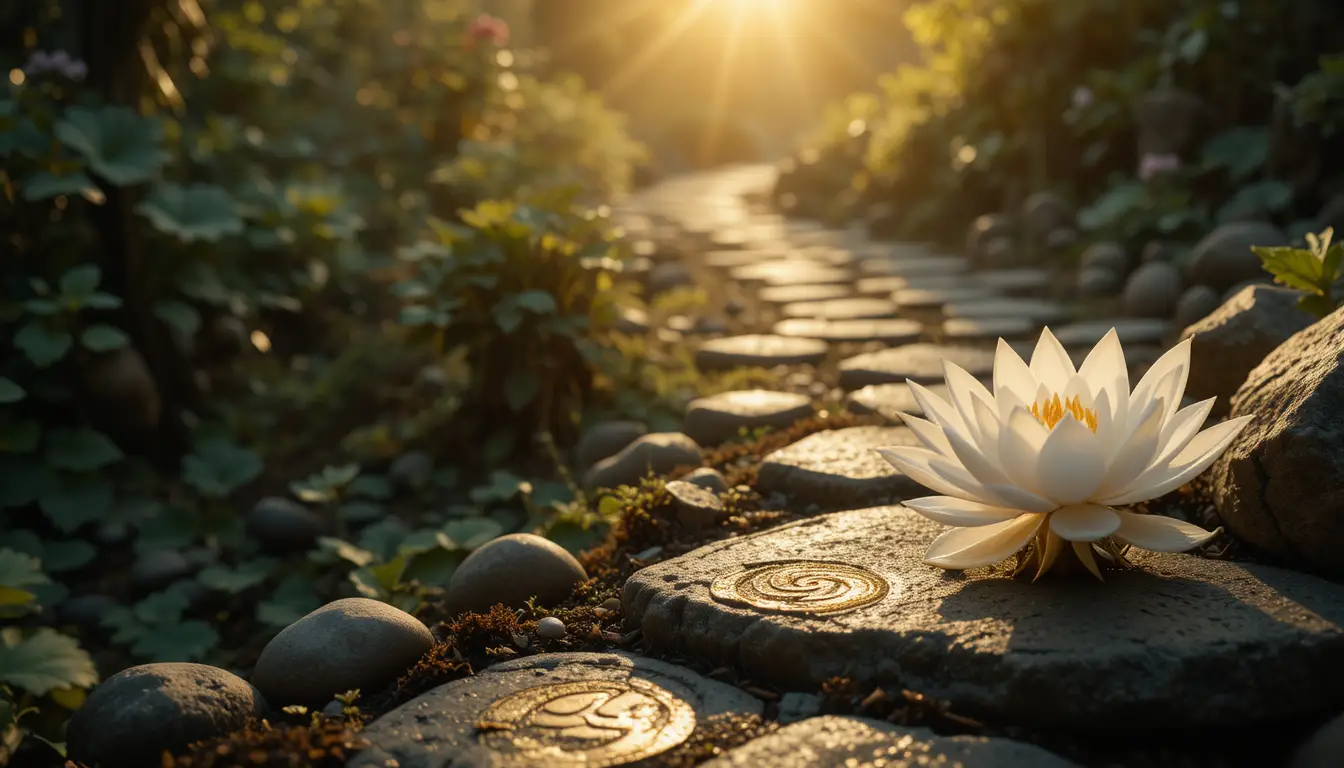 White lotus blooming beside a stone path in sunlight
