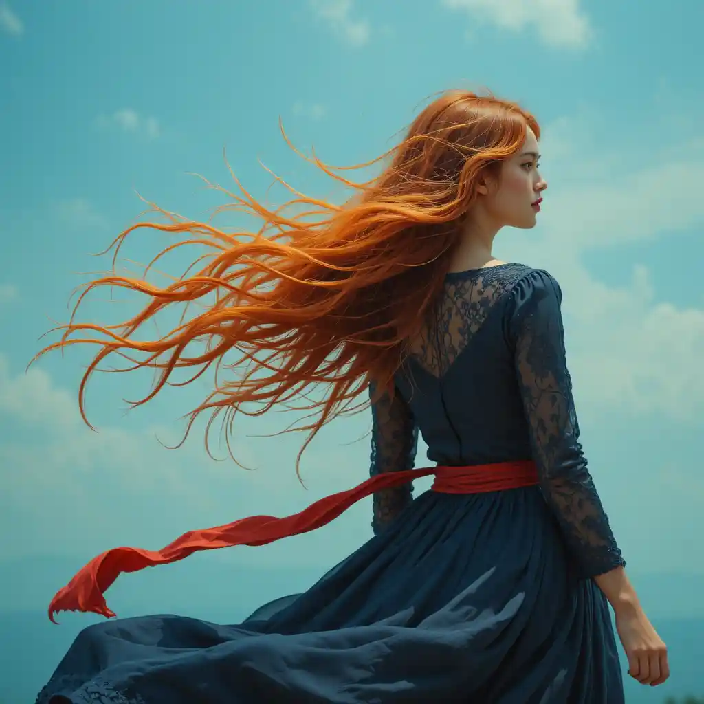Red haired woman in navy dress facing the windy sky
