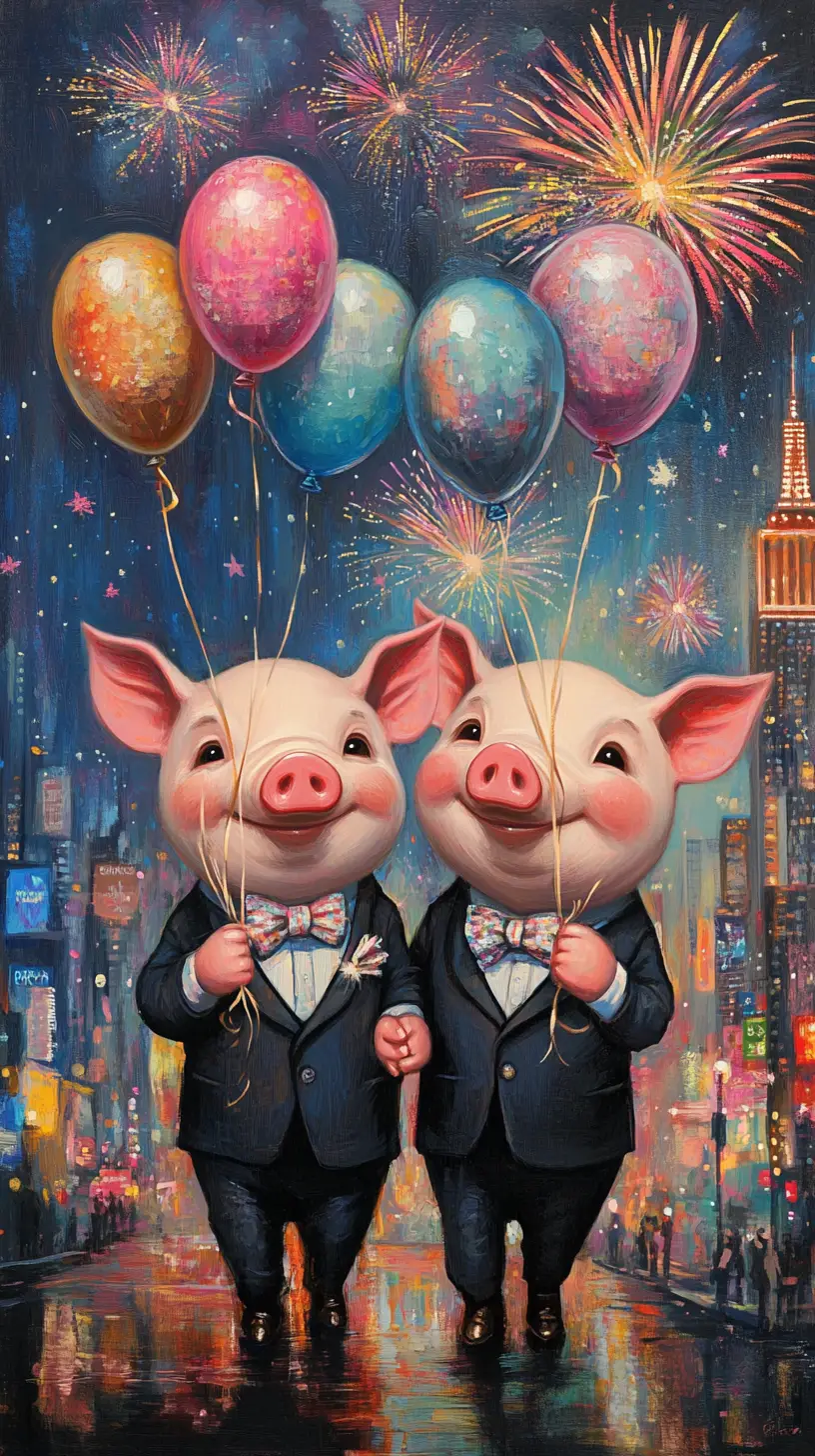 Cute piglets in suits with balloons and city fireworks