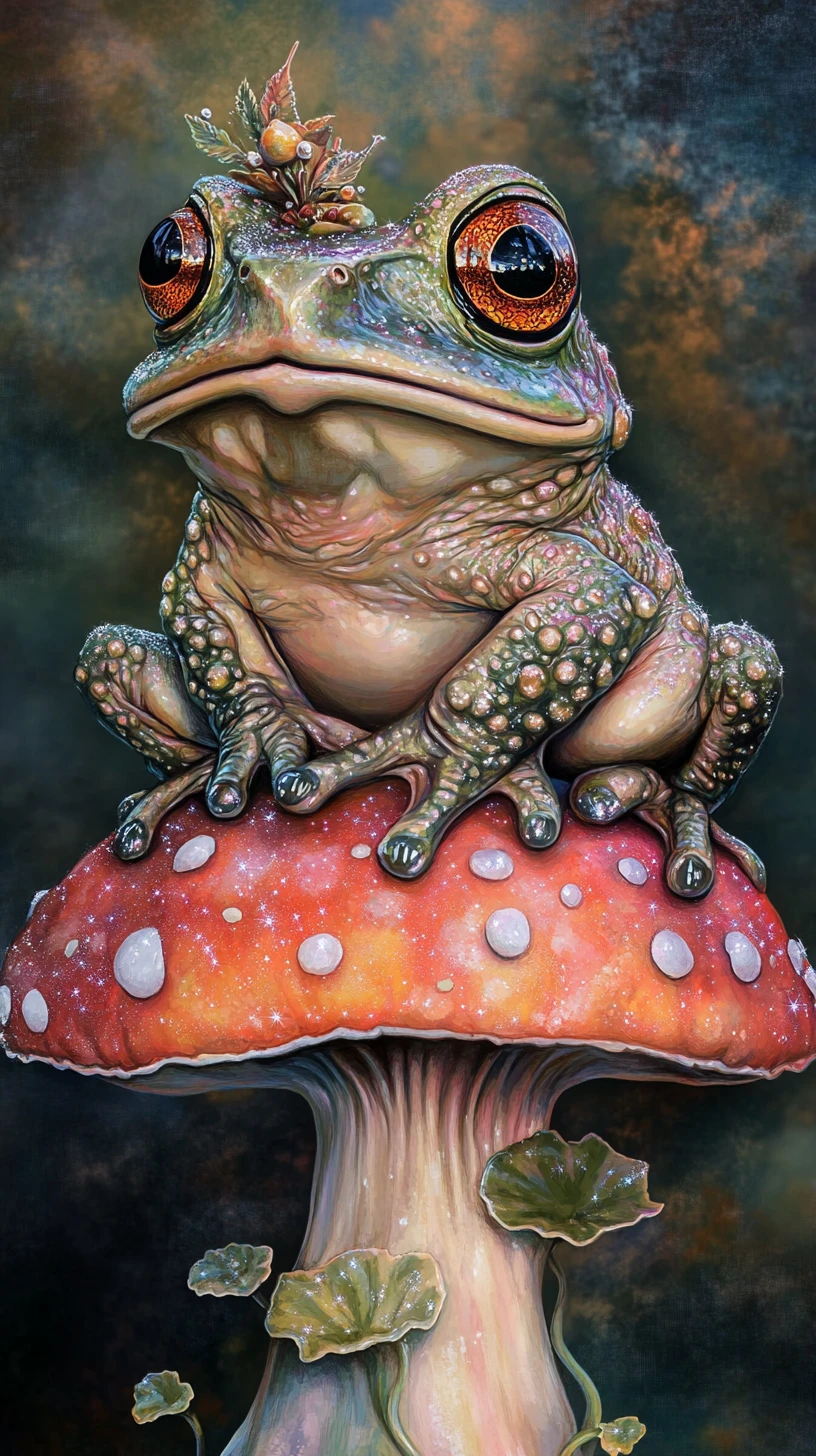 Crapaud surréaliste sur un champignon magique en contre-jour lumineux