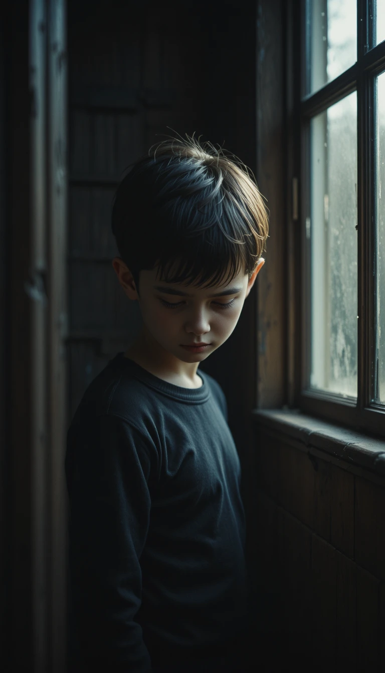 Sad young boy standing alone in a quiet house corner