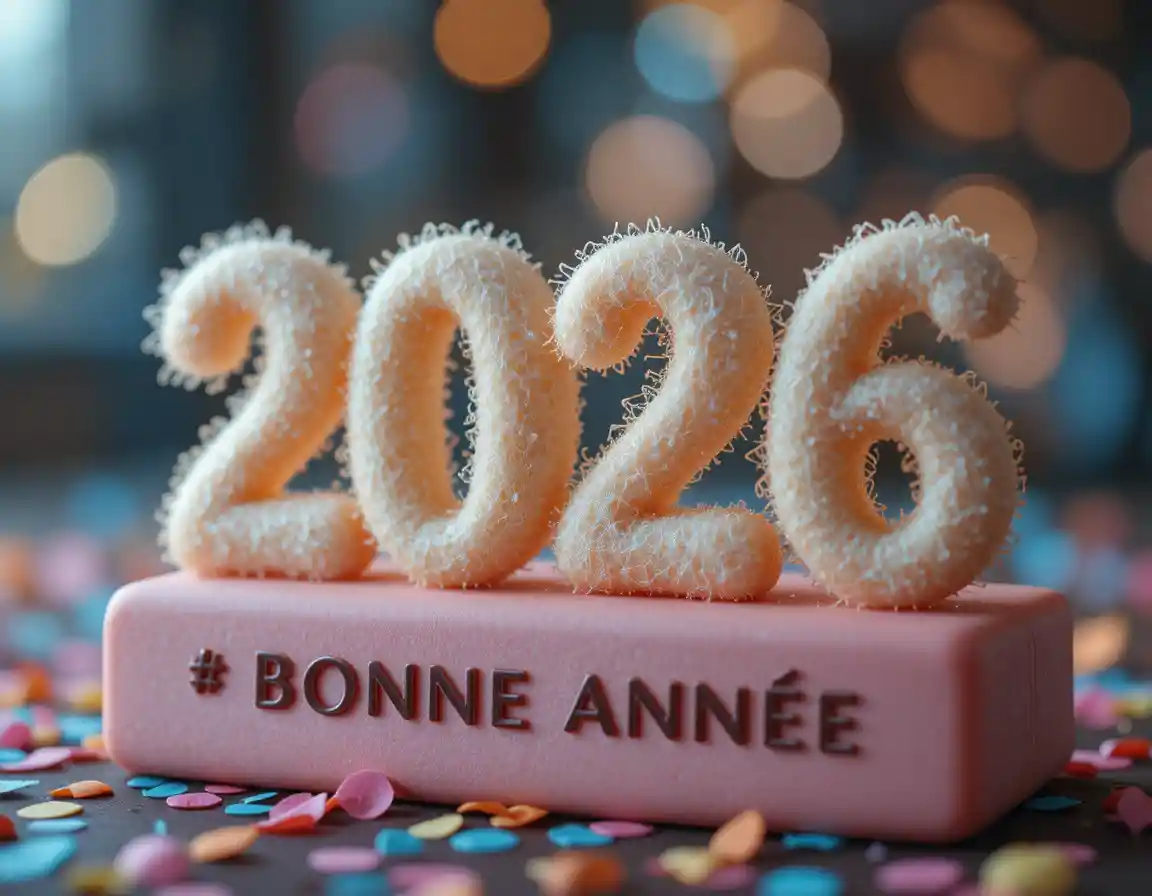 Zucker-Dessert 2026 auf Marzipan mit „bonne annee“-Schriftzug