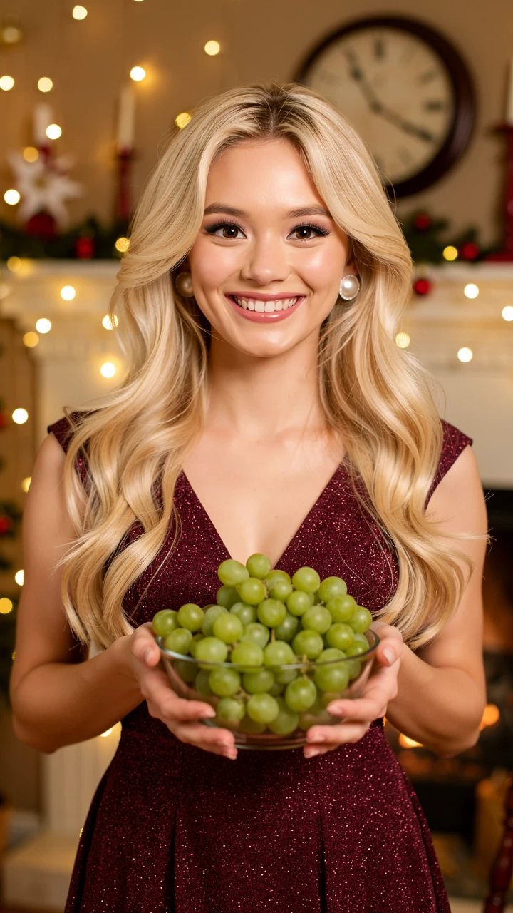 Joven sonriente sosteniendo uvas en una habitación acogedora
