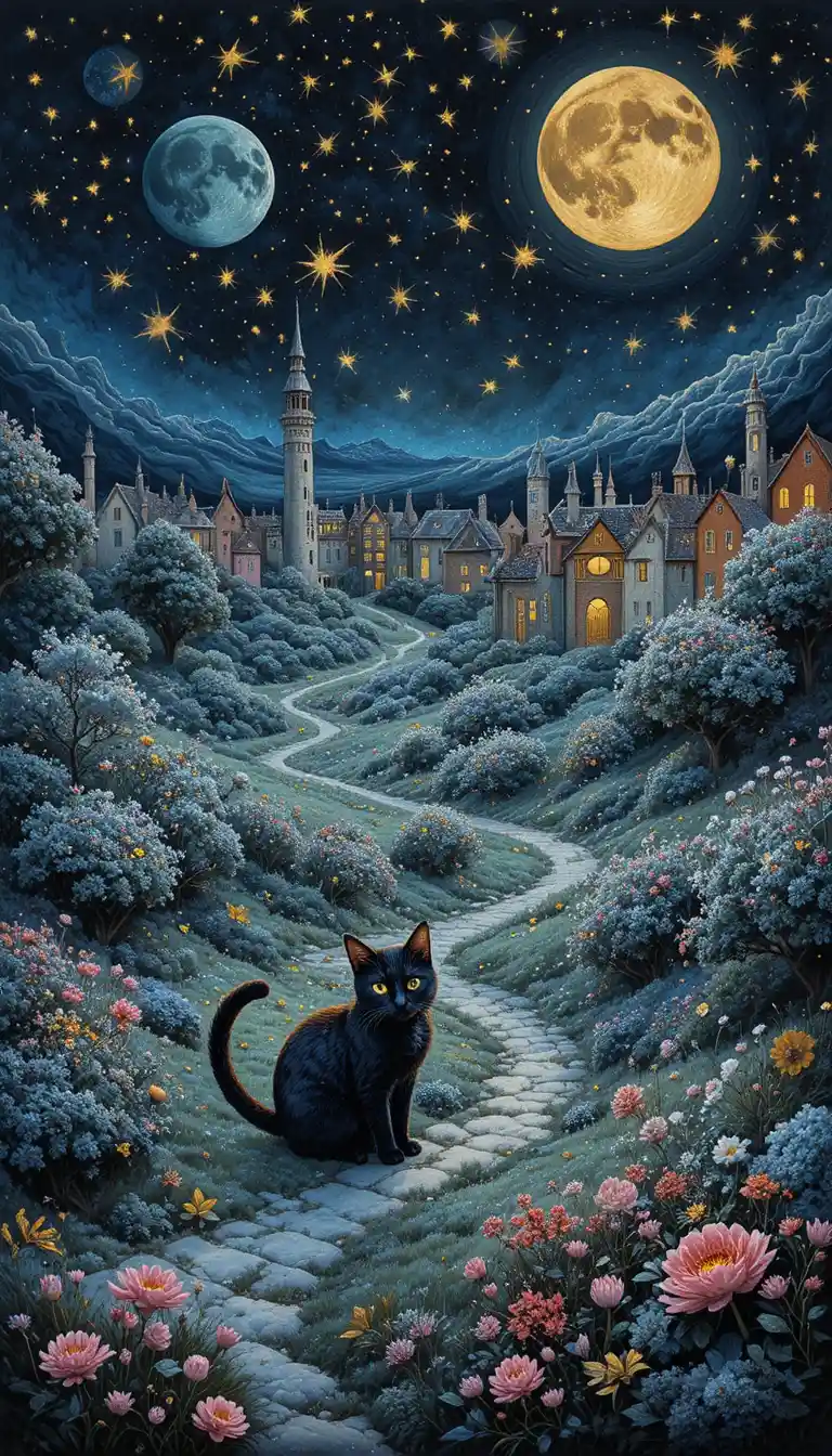Stille Katze, die durch einen magischen Wintersternengarten streift