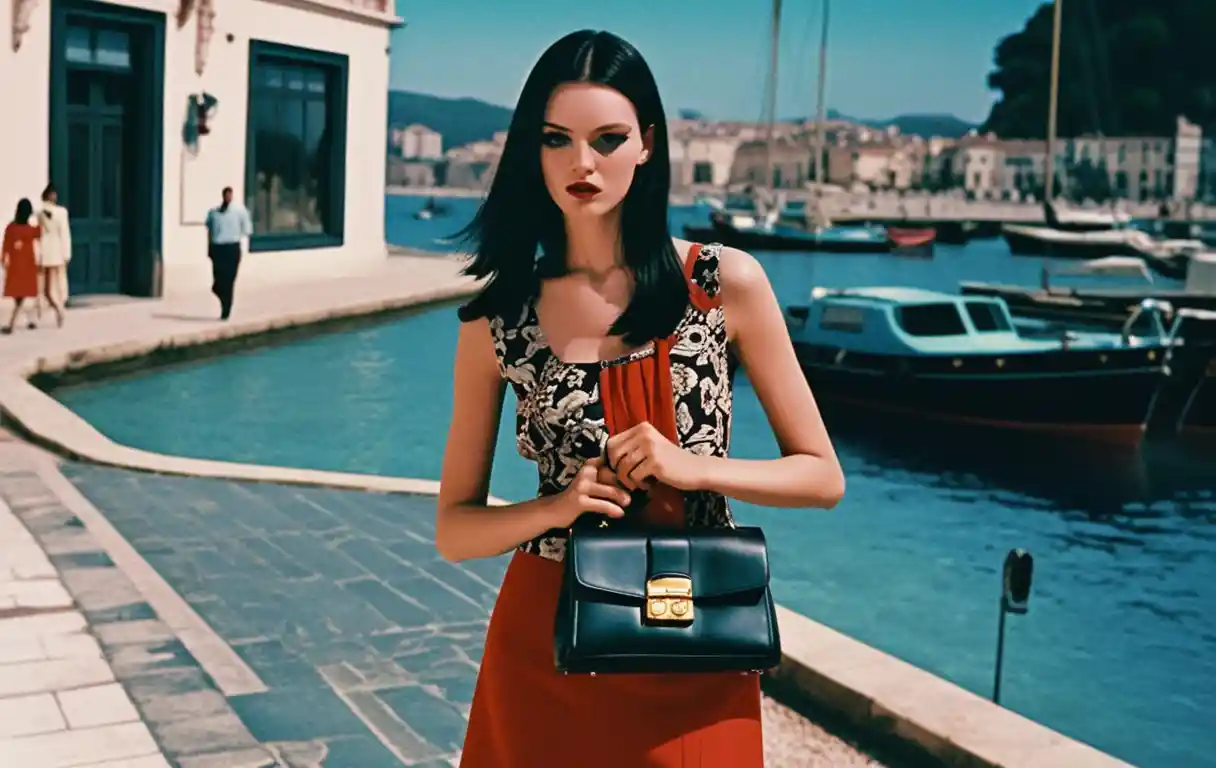 Young model with handbag in a dramatic harbor scene
