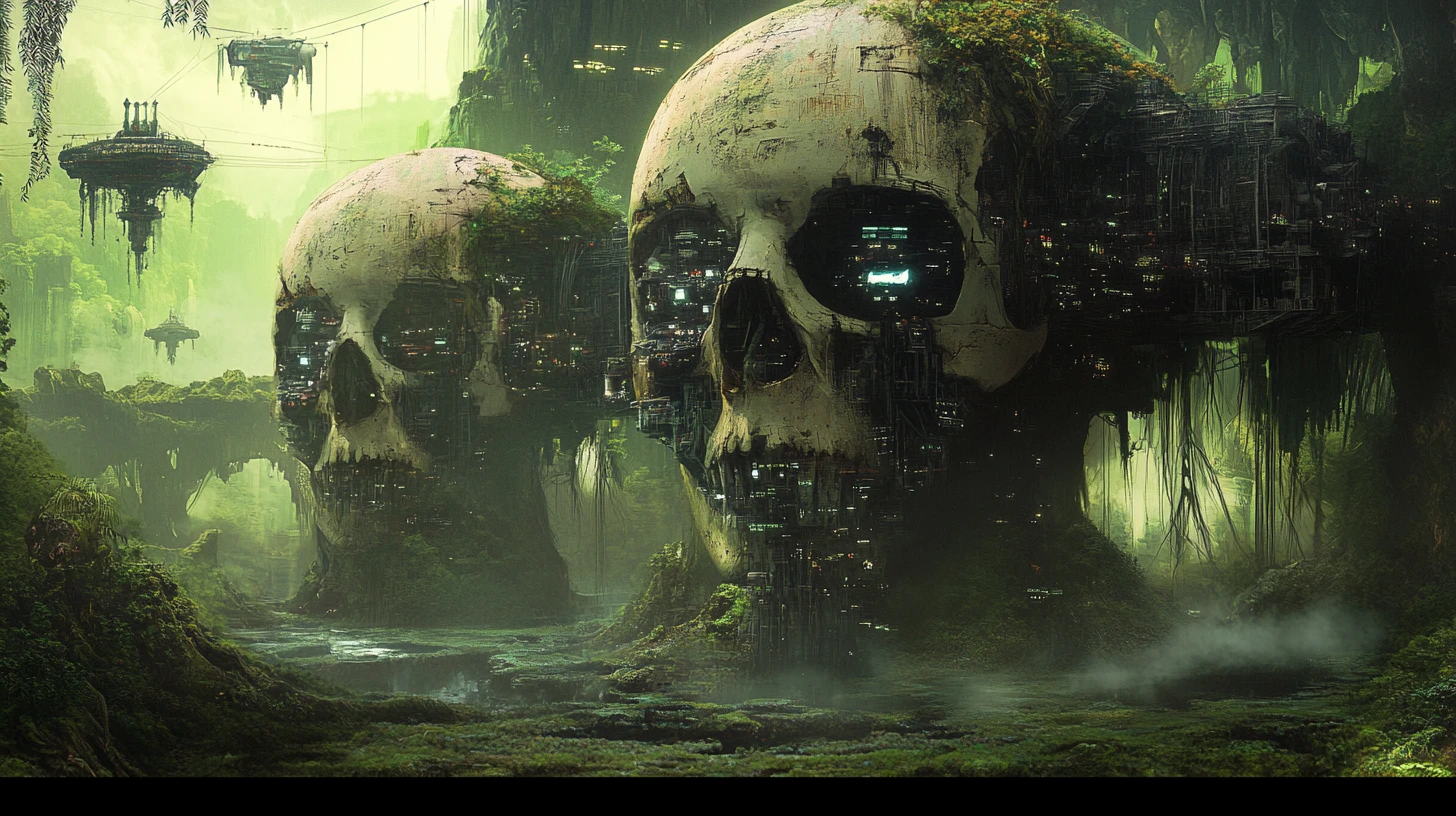 Alien skull megacities glowing within a dense jungle