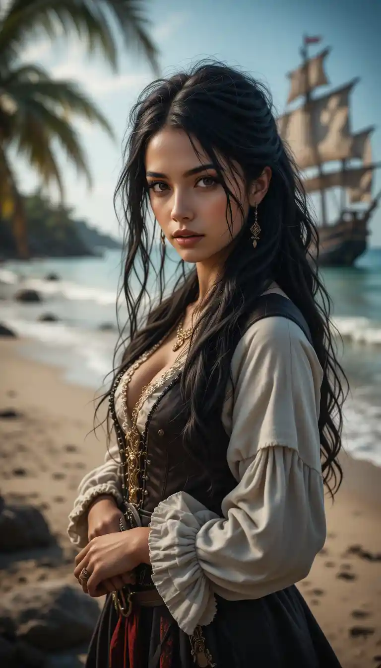 Black haired pirate woman standing on a beach by the sea