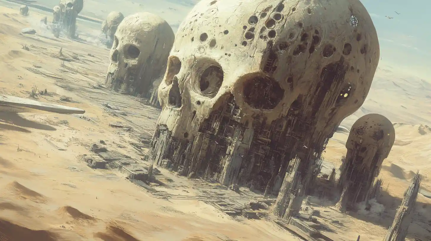 Futuristic cities built inside colossal alien skulls