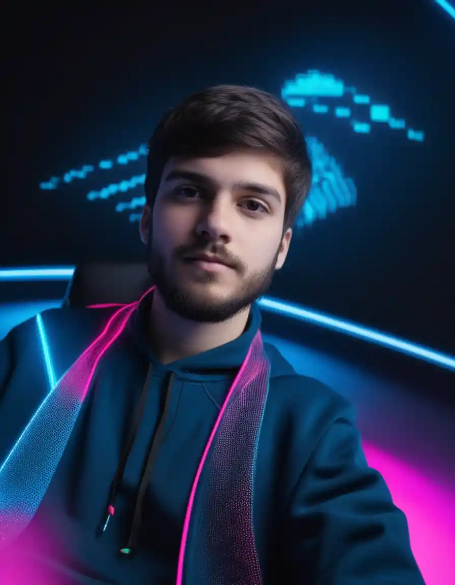 Confident bearded gamer in neon lit streaming studio