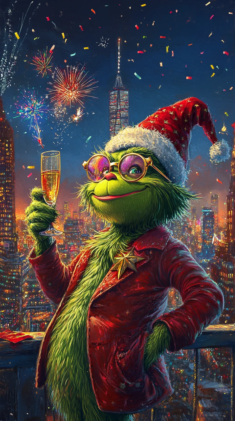 Créature verte façon Grinch faisant la fête au‑dessus des feux d’artifice de la ville