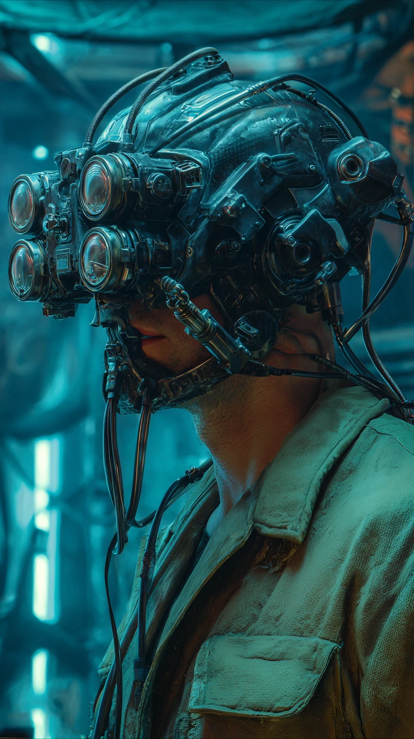 Homem ciborgue com óculos steampunk em sala azul de nave espacial