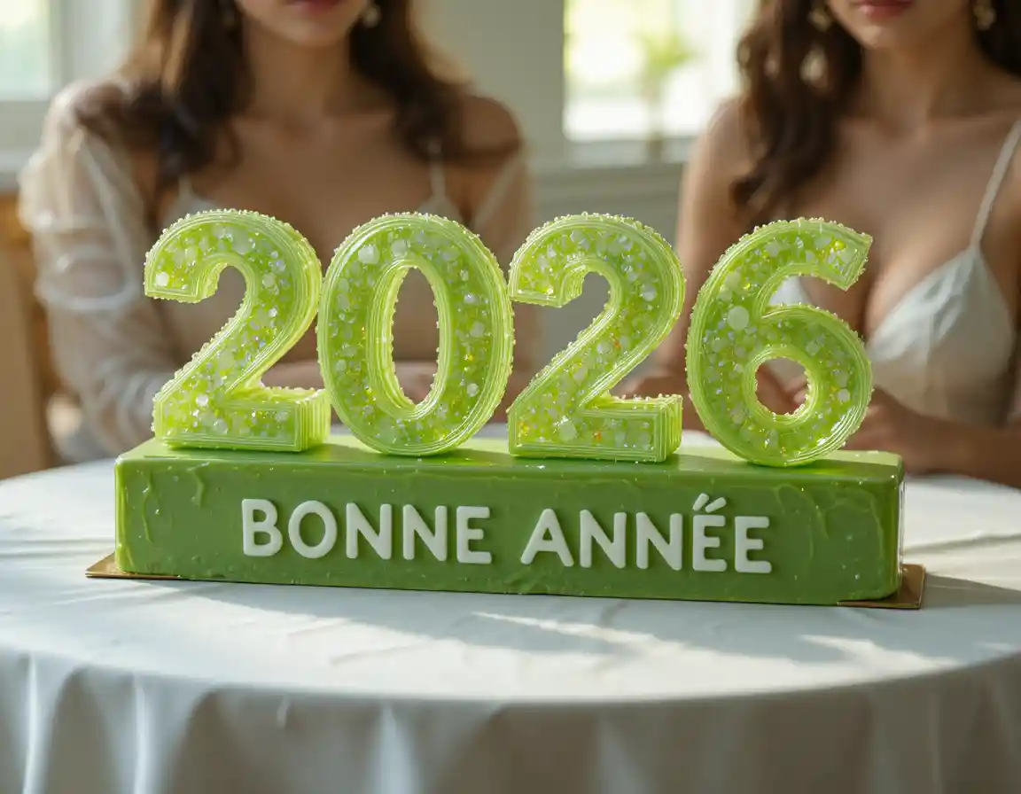 Transluzenter Zucker-2026-Dessert auf Pistazienmarzipan-Boden