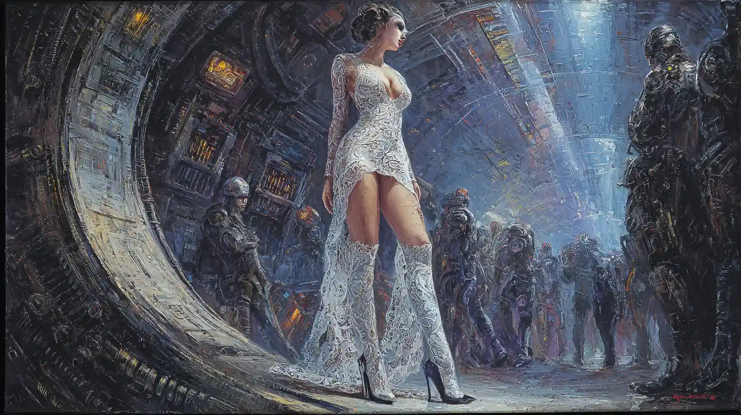 Cybernetic she devil in a baroque space station corner