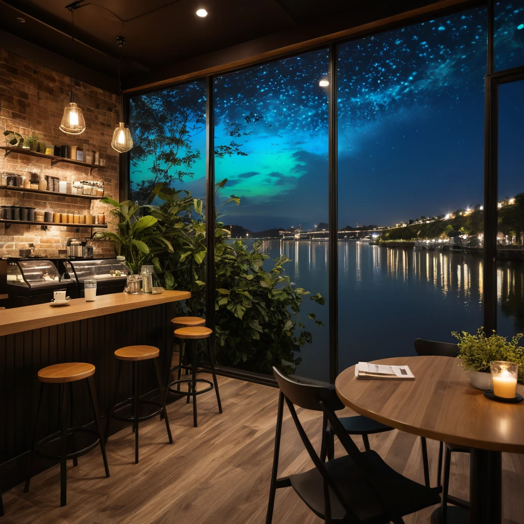Bioluminescent coffee river flowing beside warm glowing beans
