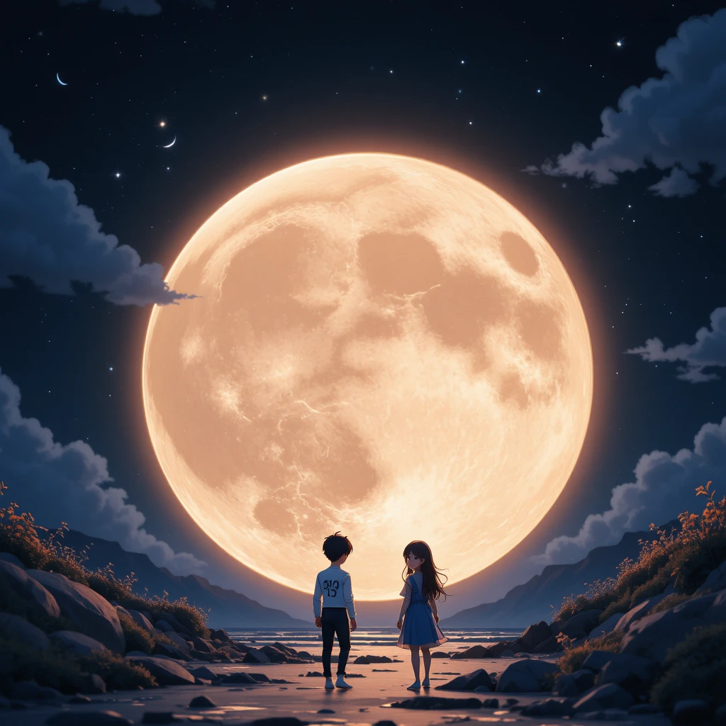 Giovane ragazzo di villaggio che guarda la luna sorridente dal tetto