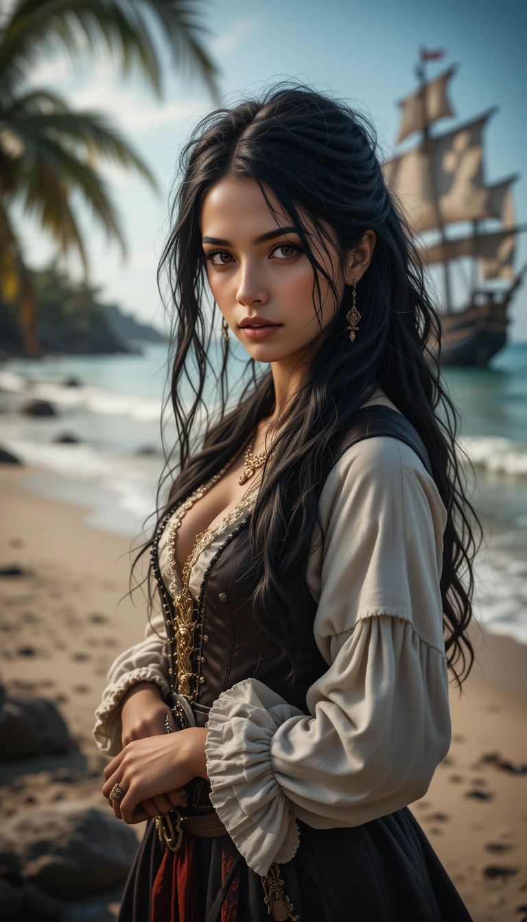 Black haired pirate woman standing on a beach by the sea