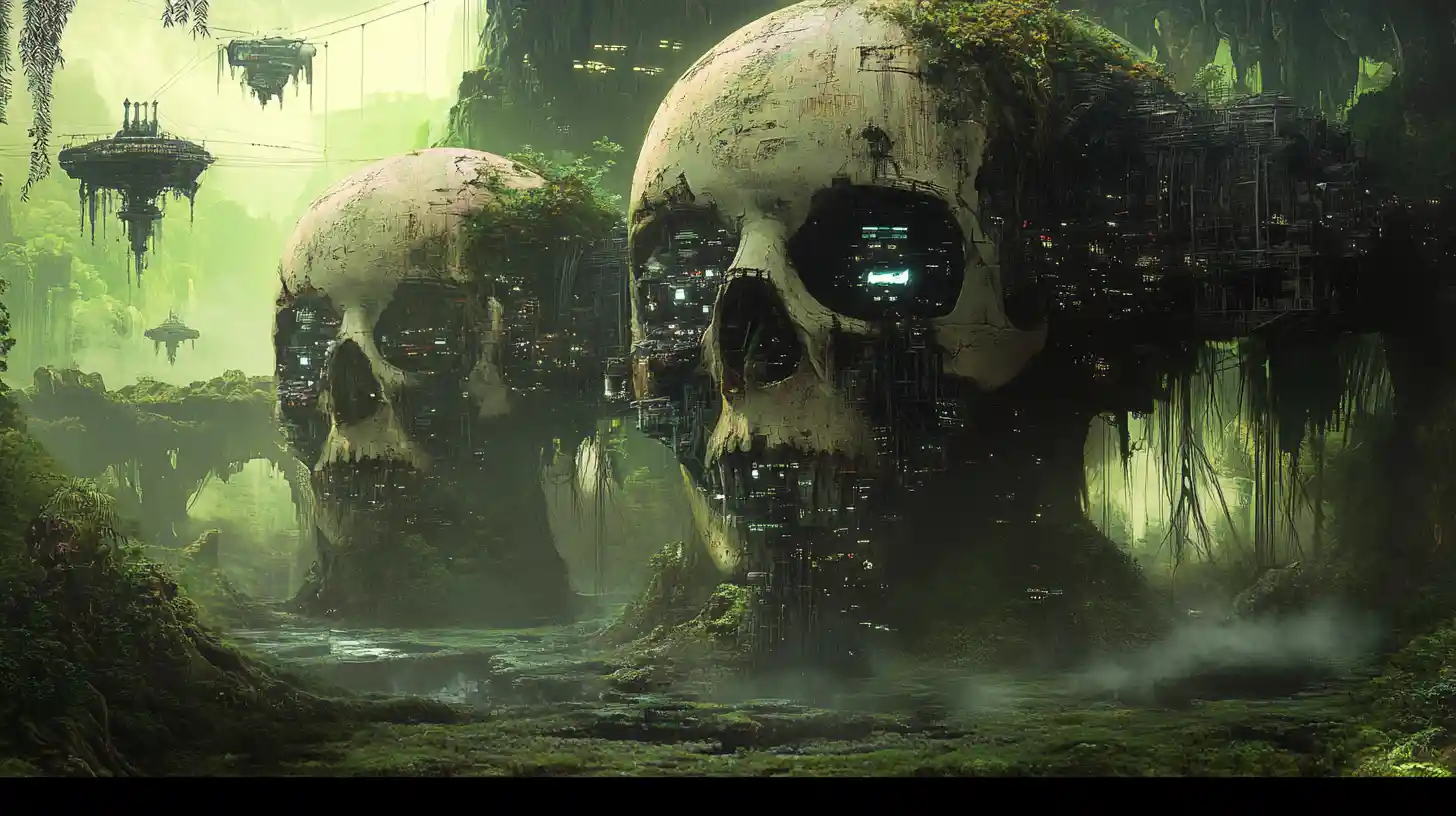Alien skull megacities glowing within a dense jungle