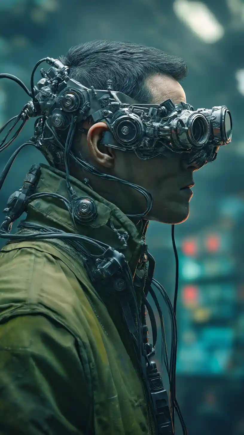 Mann mit mechanischer Totenkopfmaske in futuristischem Raumschiffraum