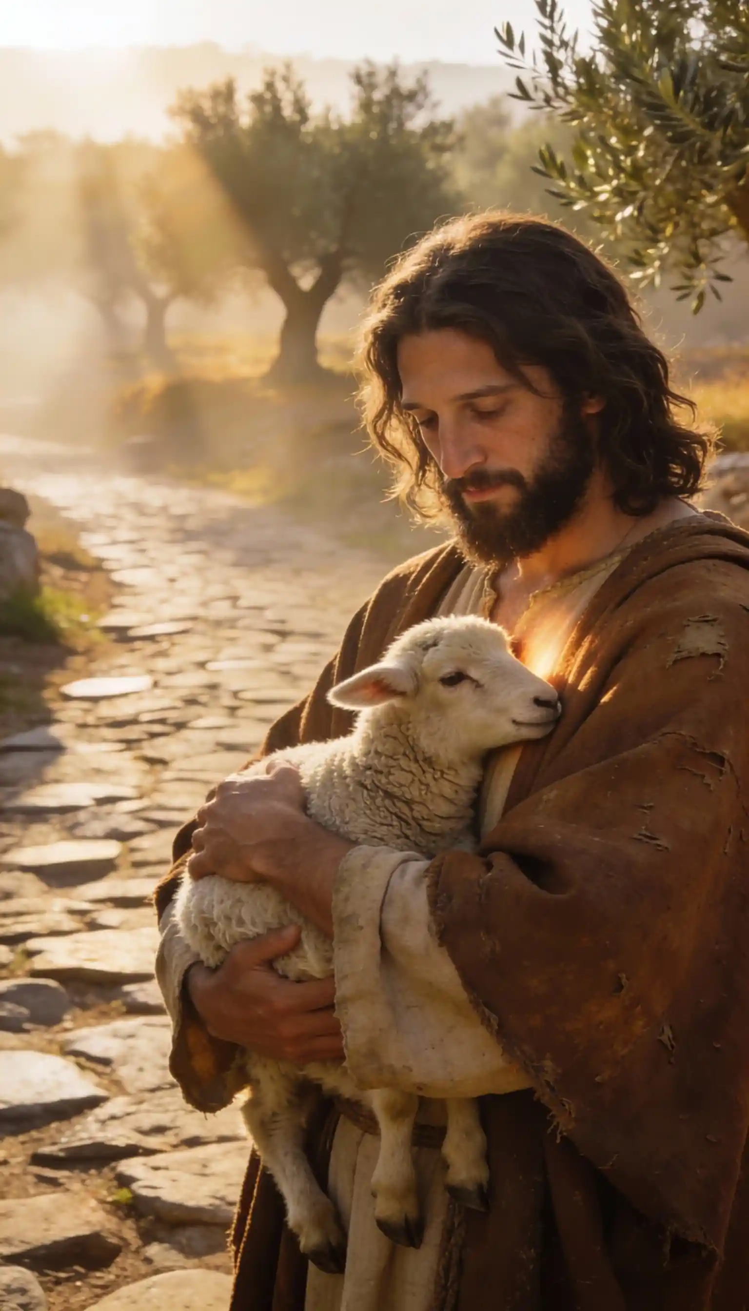 Jesus carrying a rescued lamb in serene cinematic light