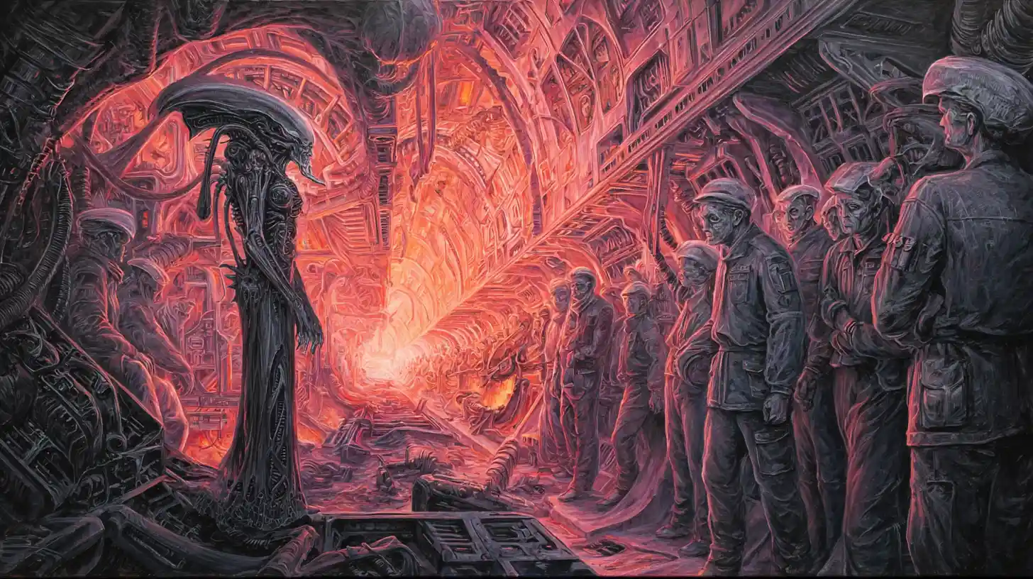 Cybernetic she devil in baroque space station corner