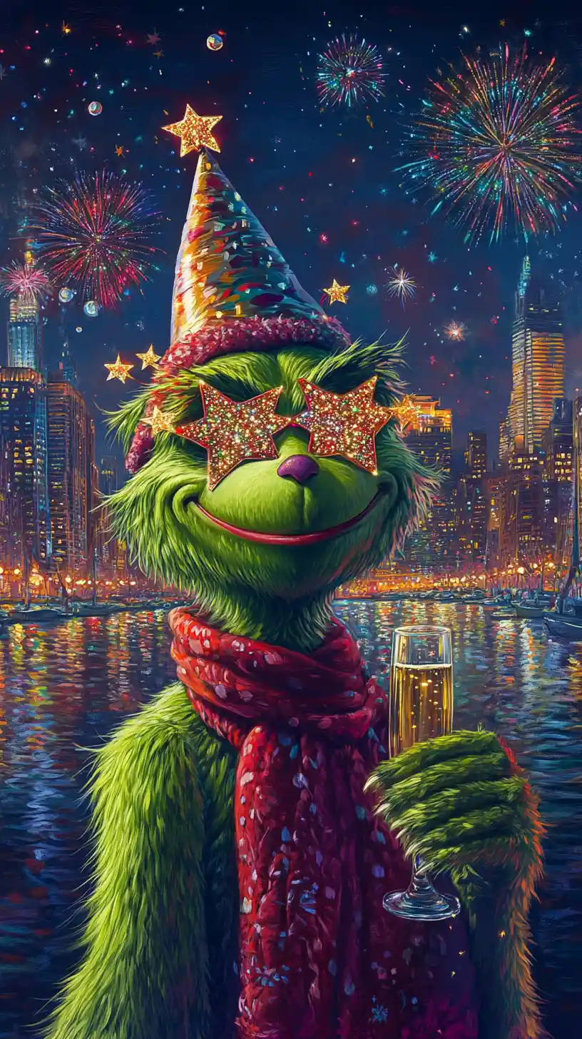 Grinch-ähnliche Figur feiert Silvester mit Champagner