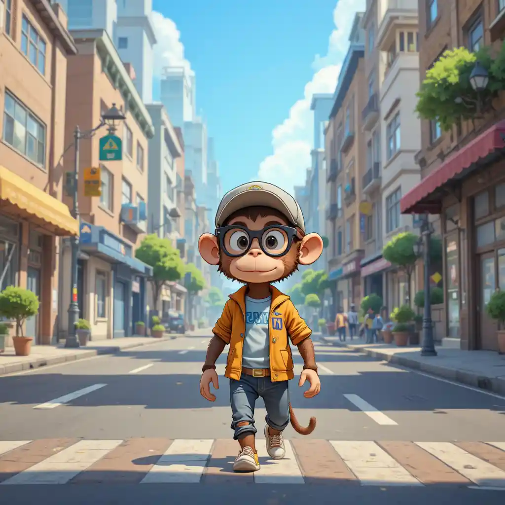 Humanlike monkey walking along a bright city street