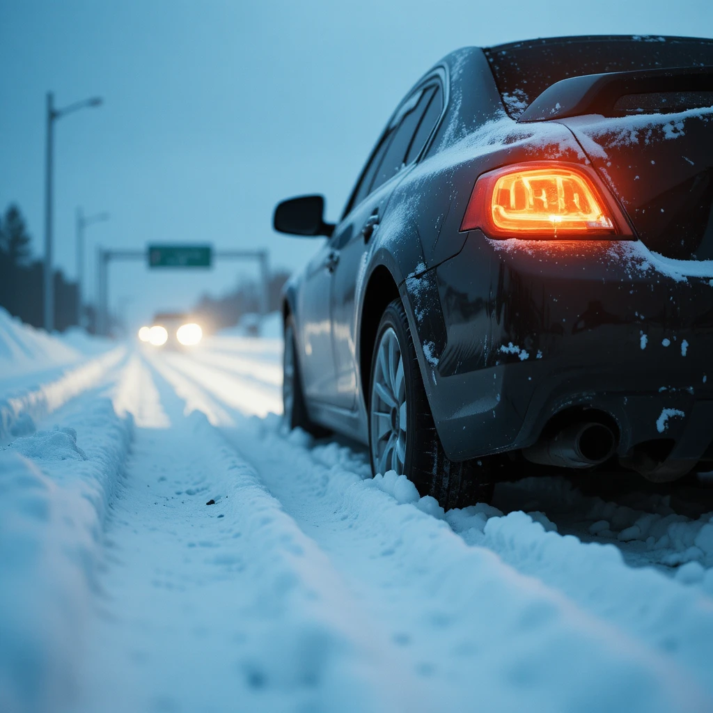 Carro preso na neve profunda em uma estrada silenciosa de inverno