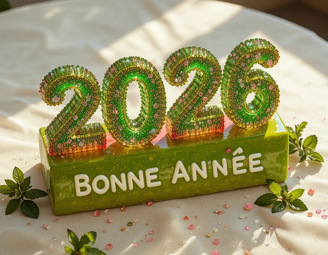 Close-up de sobremesa doce de 2026 com mensagem “bonne année”