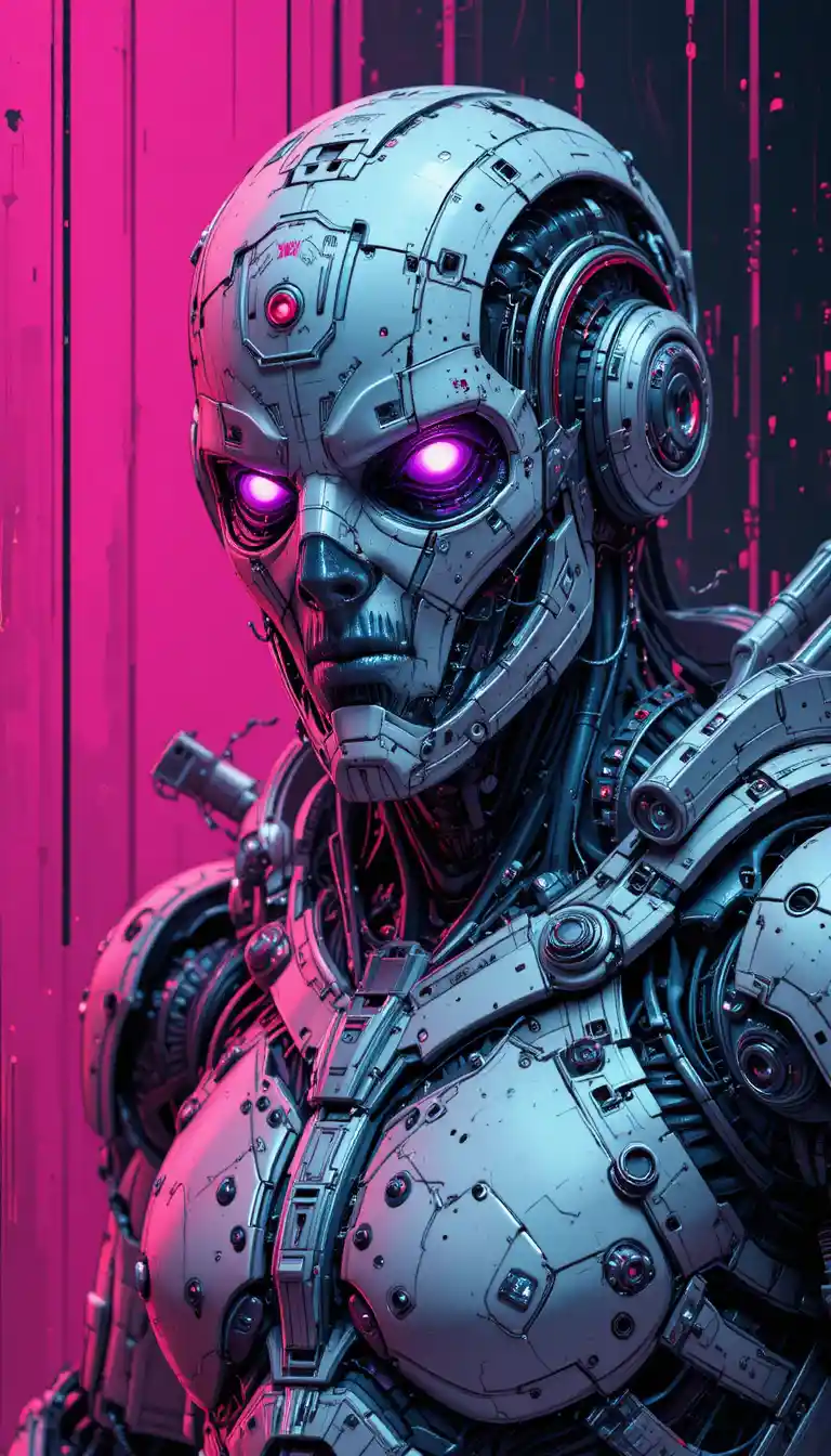 Robot cyberpunk con occhi al neon in un bagliore futuristico rosa