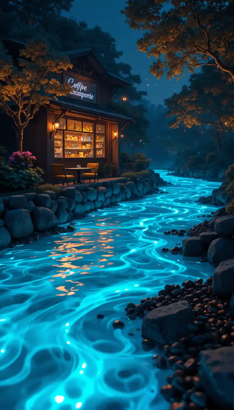 Fiume di caffè bioluminescente che scorre accanto a chicchi di caffè luminosi