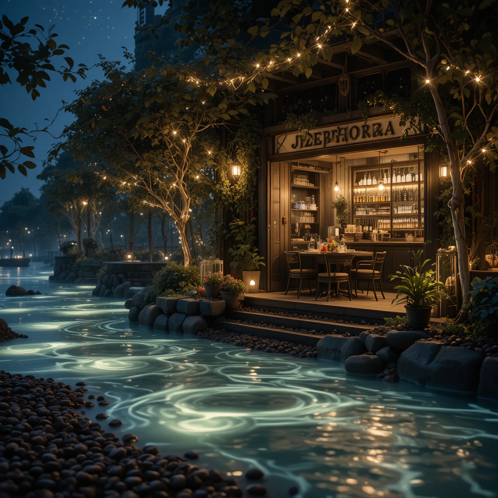 Biolumineszenter Kaffeefluss, der an leuchtenden Kaffeebohnen vorbeifließt