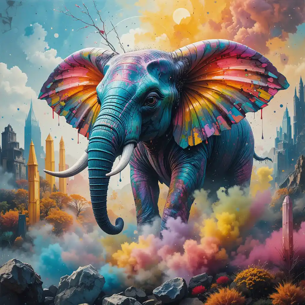 Paisagem em colagem colorida com retrato de um elefante jovem