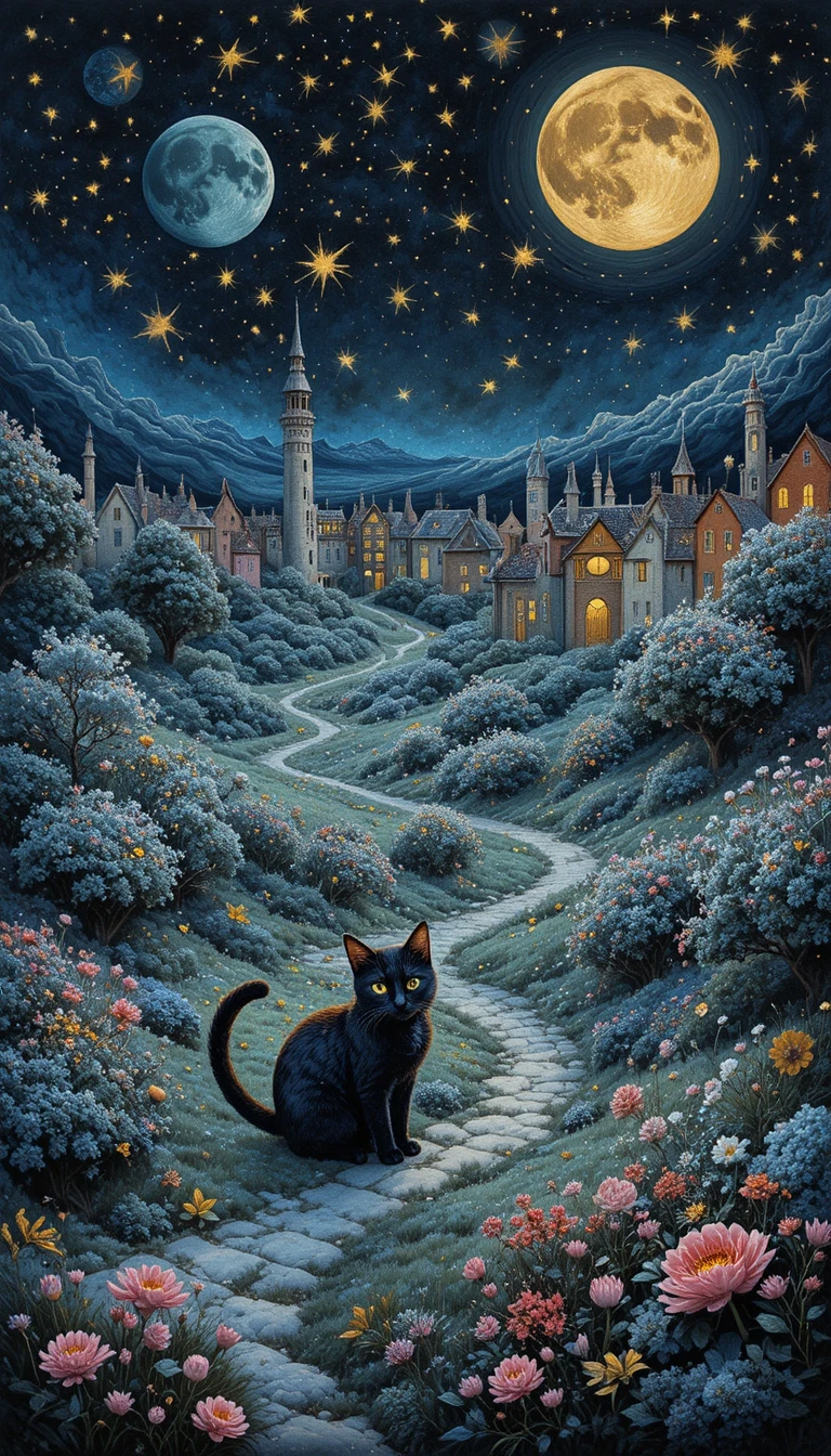Stille Katze, die durch einen magischen Wintersternengarten streift