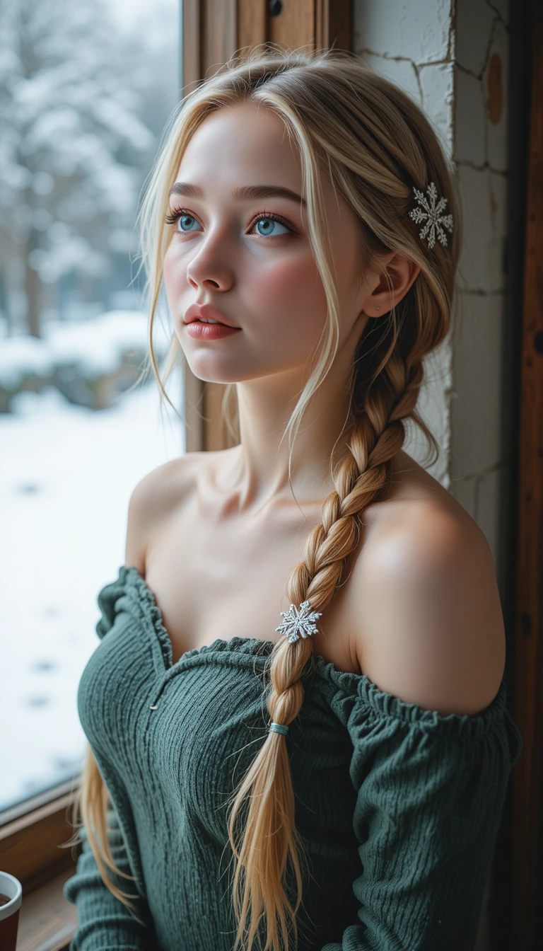Junge blonde Frau am Fenster an einem verschneiten Wintertag