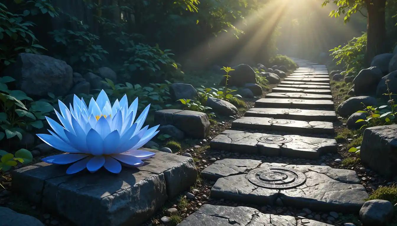 青と白の蓮の花が並ぶ日差しの石畳の小道