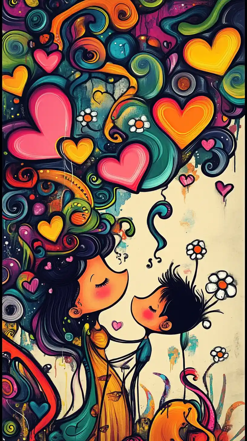 Illustrazione d’amore naïf e colorata con cuori e tramonto sul mare