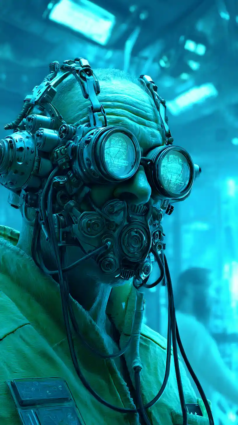 Uomo con occhiali steampunk cyberpunk all’interno di un’astronave