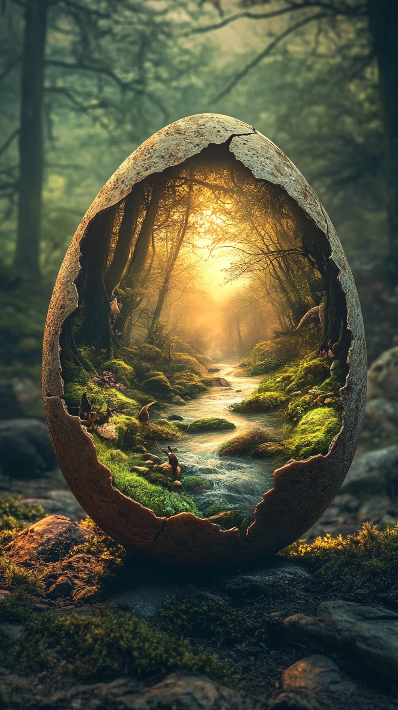 Fenêtre surréaliste d’un œuf fêlé s’ouvrant sur un monde de forêt enchantée