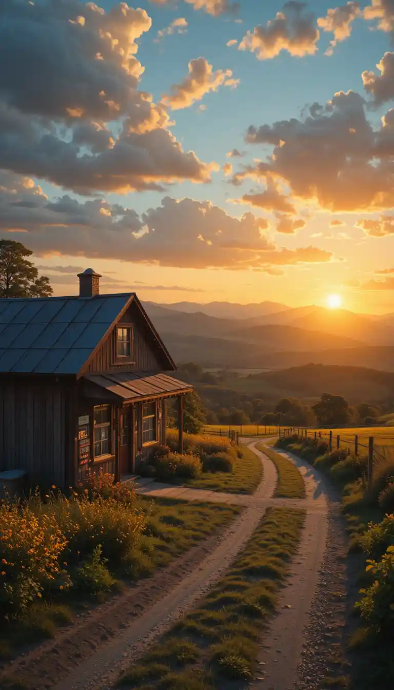 Piccolo emporio di campagna su una strada sterrata al tramonto