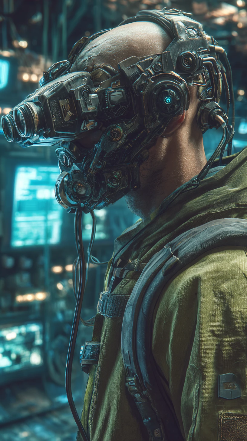 Hombre con gafas cyberpunk en interior futurista de nave espacial