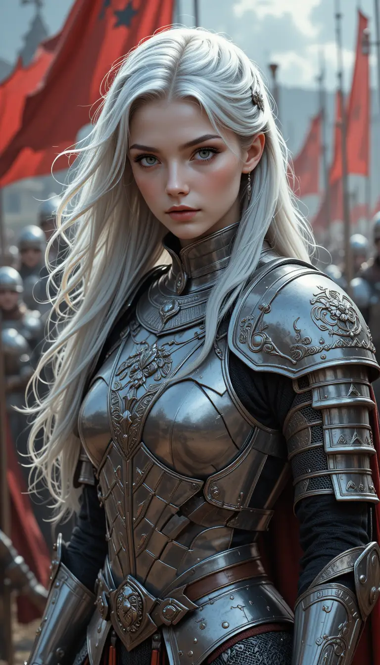 Jeune chevalier aux cheveux d’argent en armure nordique ornée au tournoi