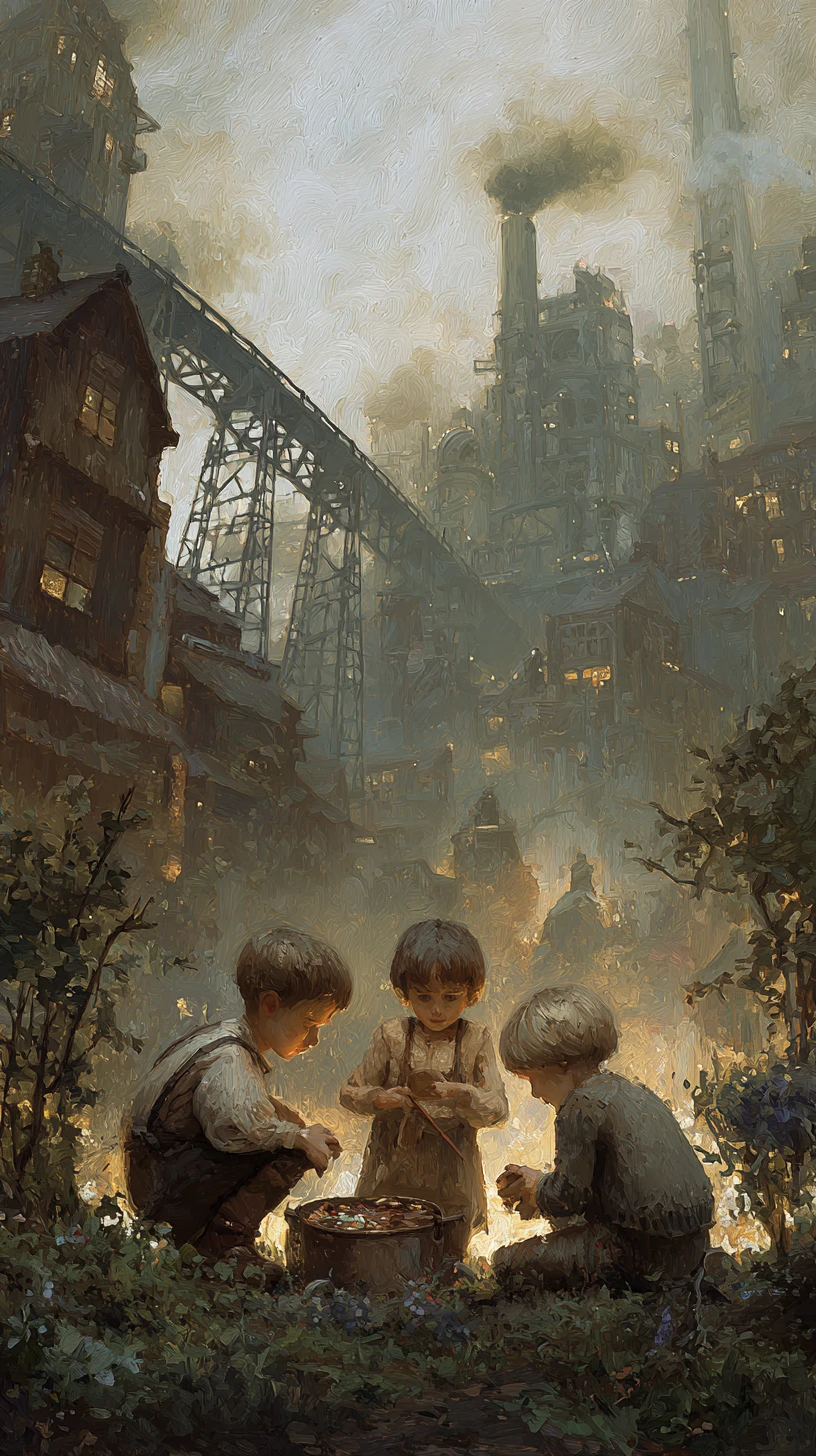 Quintal de cidade steampunk com crianças brincando entre a fumaça