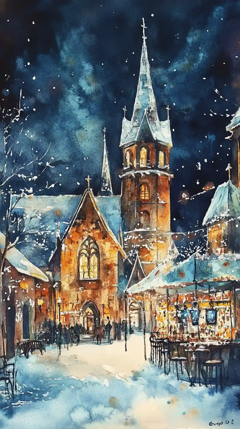 Église de ville en aquarelle par une nuit enneigée de Nouvel An
