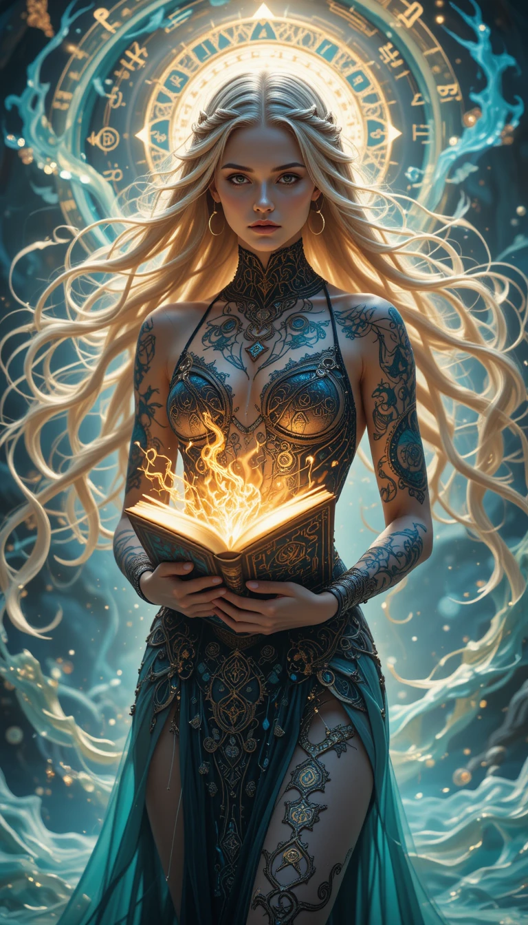 Femme tatouée mystique avec grimoire sacré et runes lumineuses