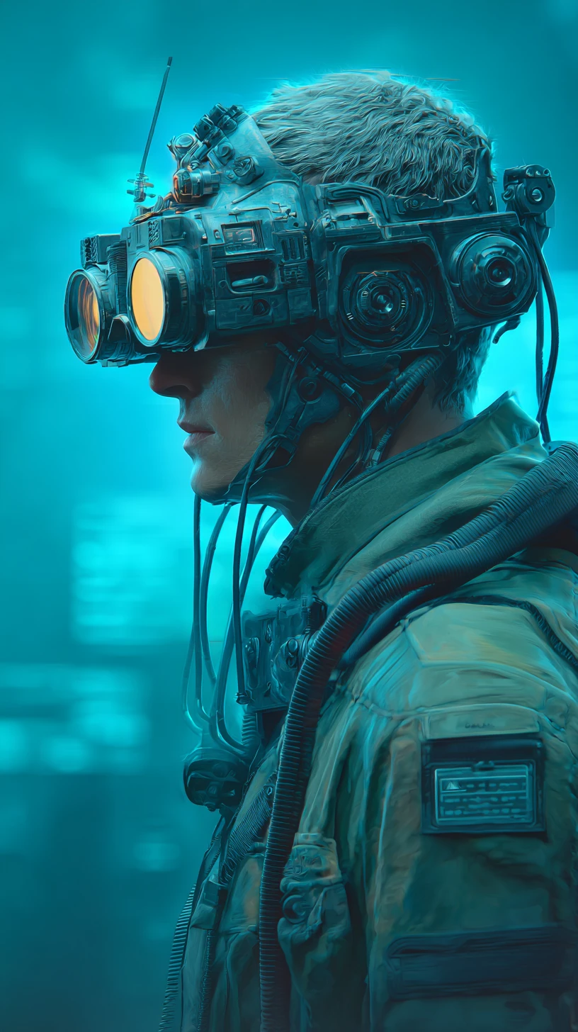 Homem com óculos steampunk em interior futurista de nave espacial