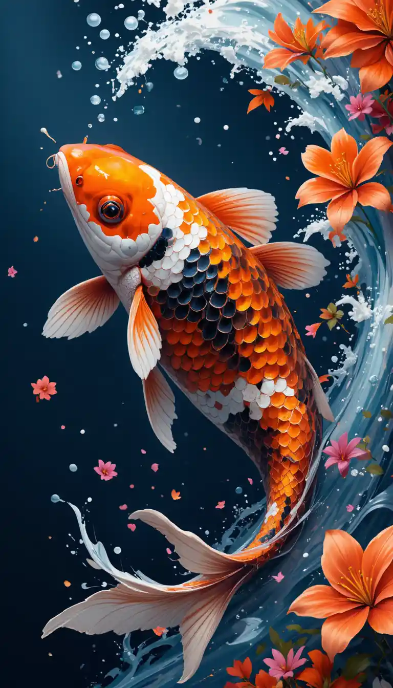 Carpes koi colorées nageant au milieu de puissantes vagues bleues tourbillonnantes