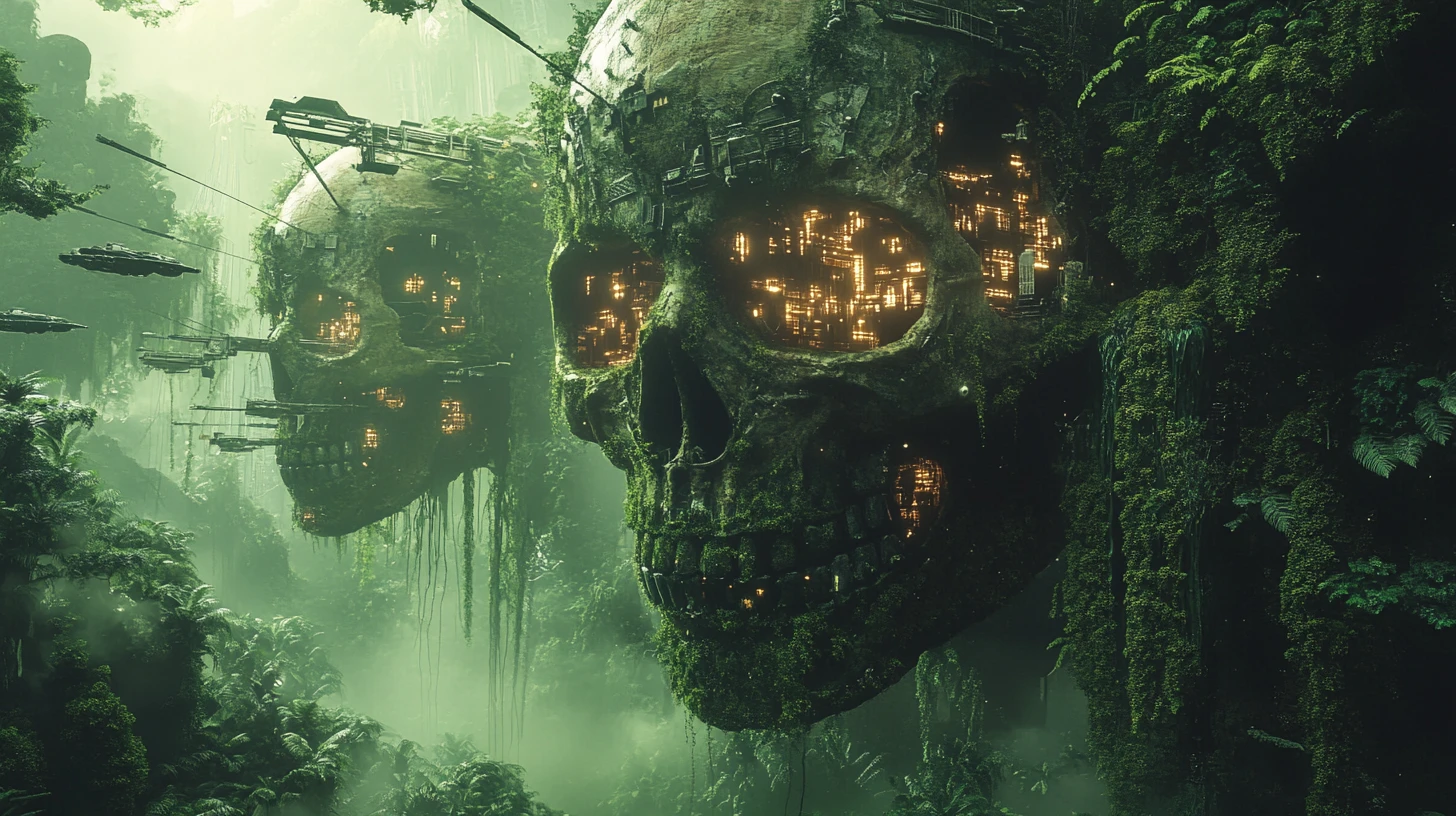 Alien jungle skull megacities glowing with neon technology