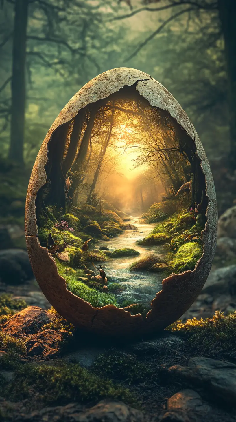 Fenêtre surréaliste d’un œuf fêlé s’ouvrant sur un monde de forêt enchantée