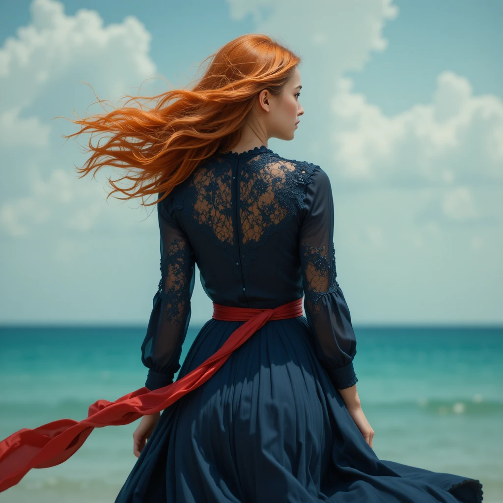 Red haired woman in navy dress facing the windy sky